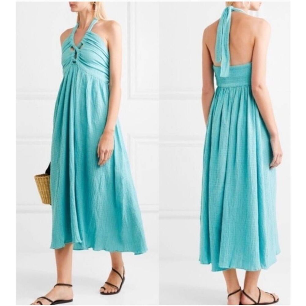 Mara Hoffman womens small Seersucker halter dress blue maxi organic cotton